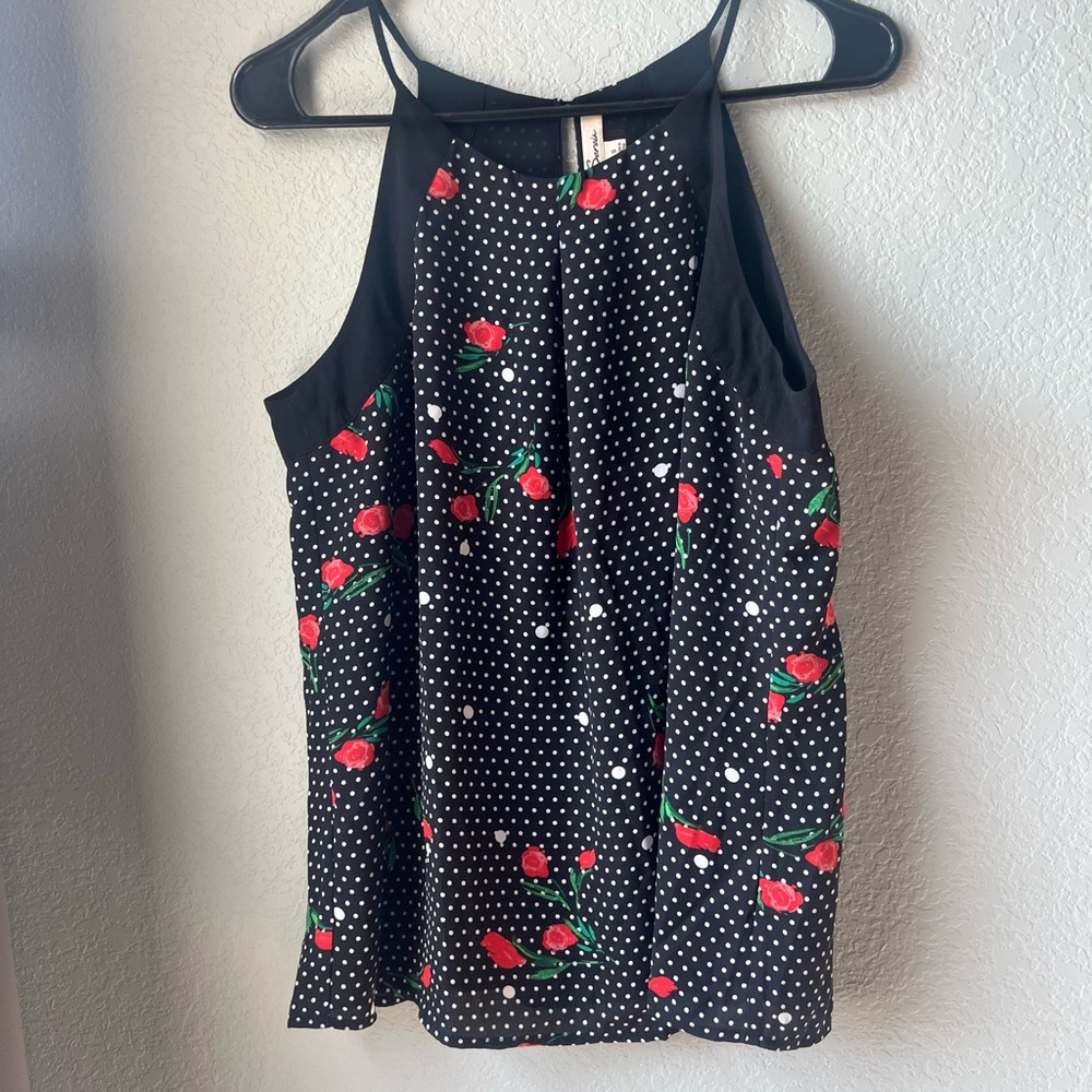 Les Serein Floral Black Sleeveless Halter Blouse Size Small